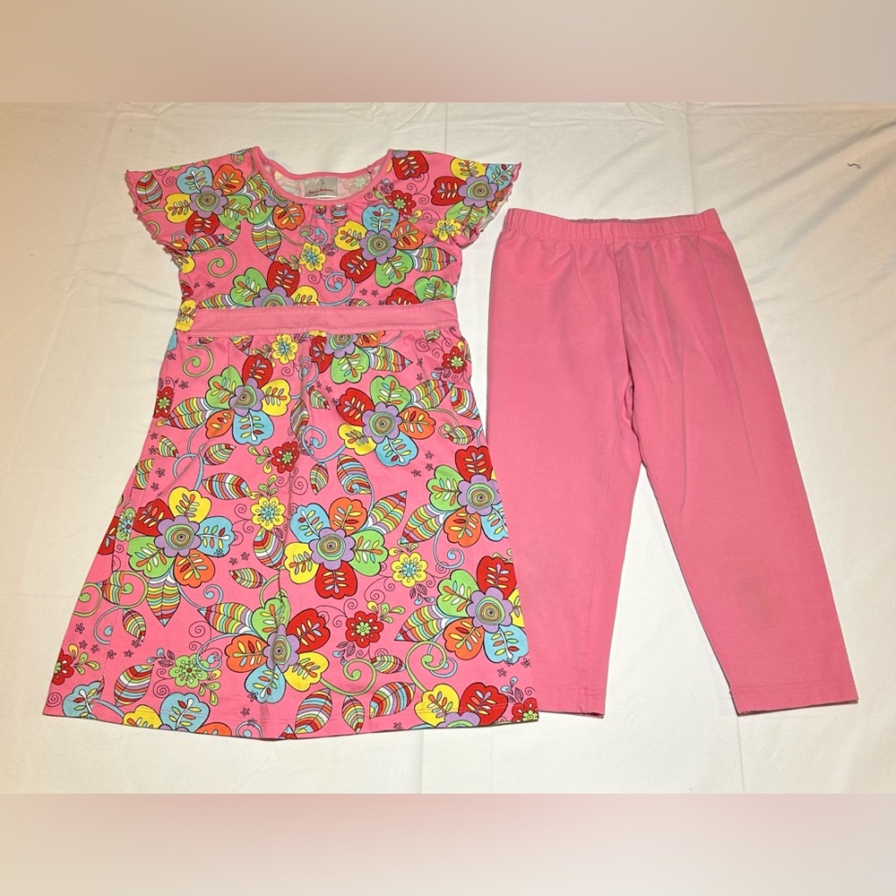 Hanna Andersson Girls Size 8 130cm Flower Pink Short Sleeve Dress Pink Leggings
